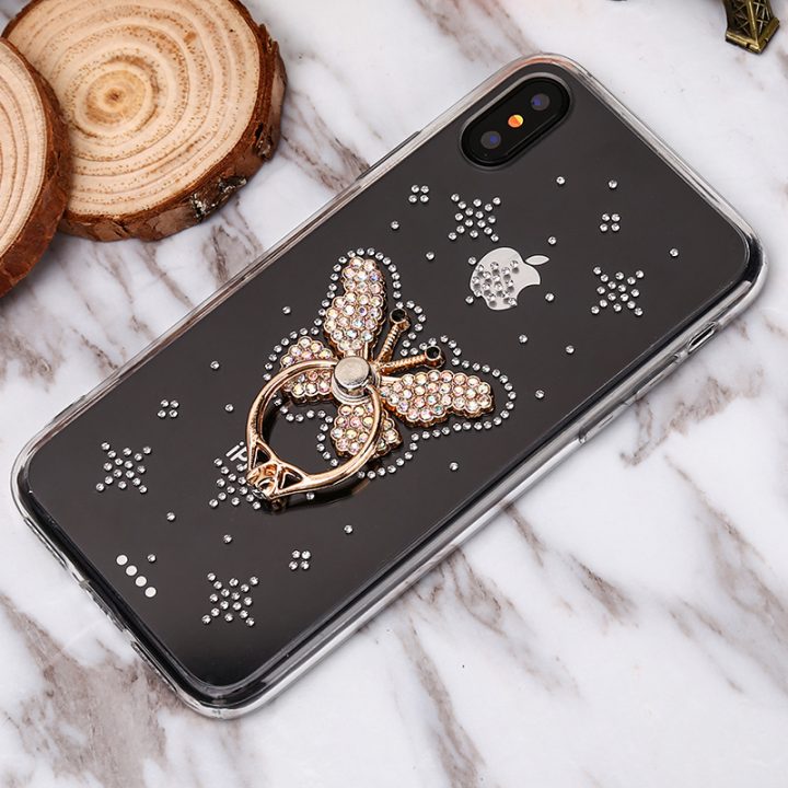 Luxusný Silikónový kryt s motýľom a kryštálikmi pre všetky typy iPhonov